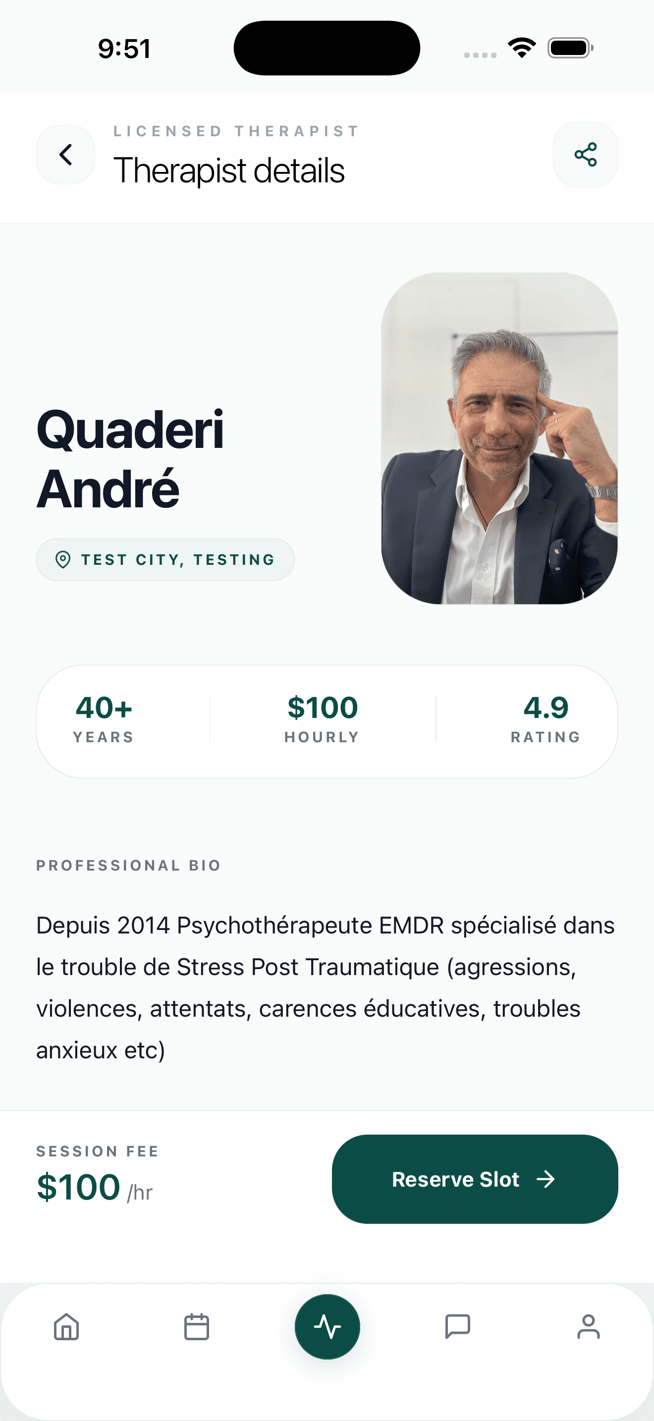 Therapist detail screen with profile information ahead of booking a session.
