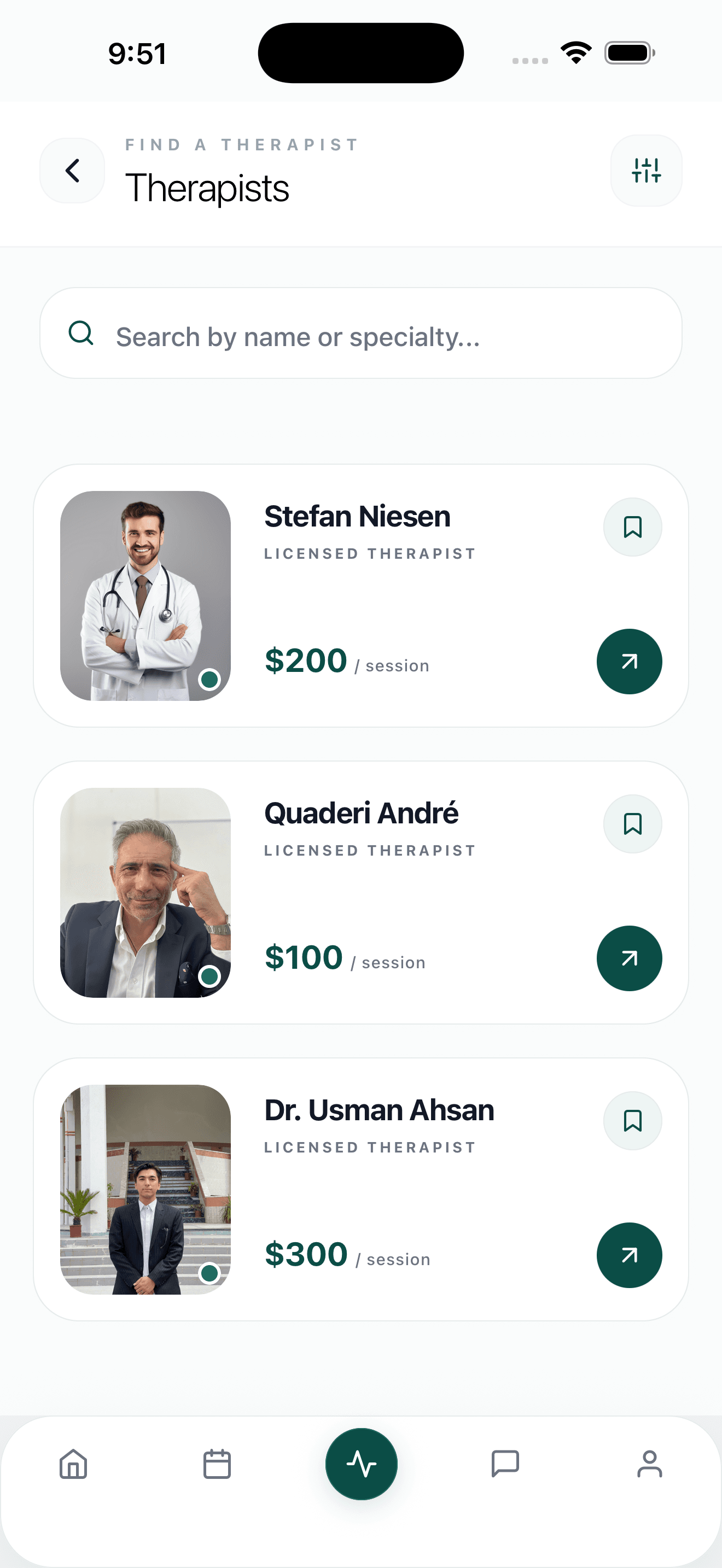 Therapist listing screen showing available therapists to browse.