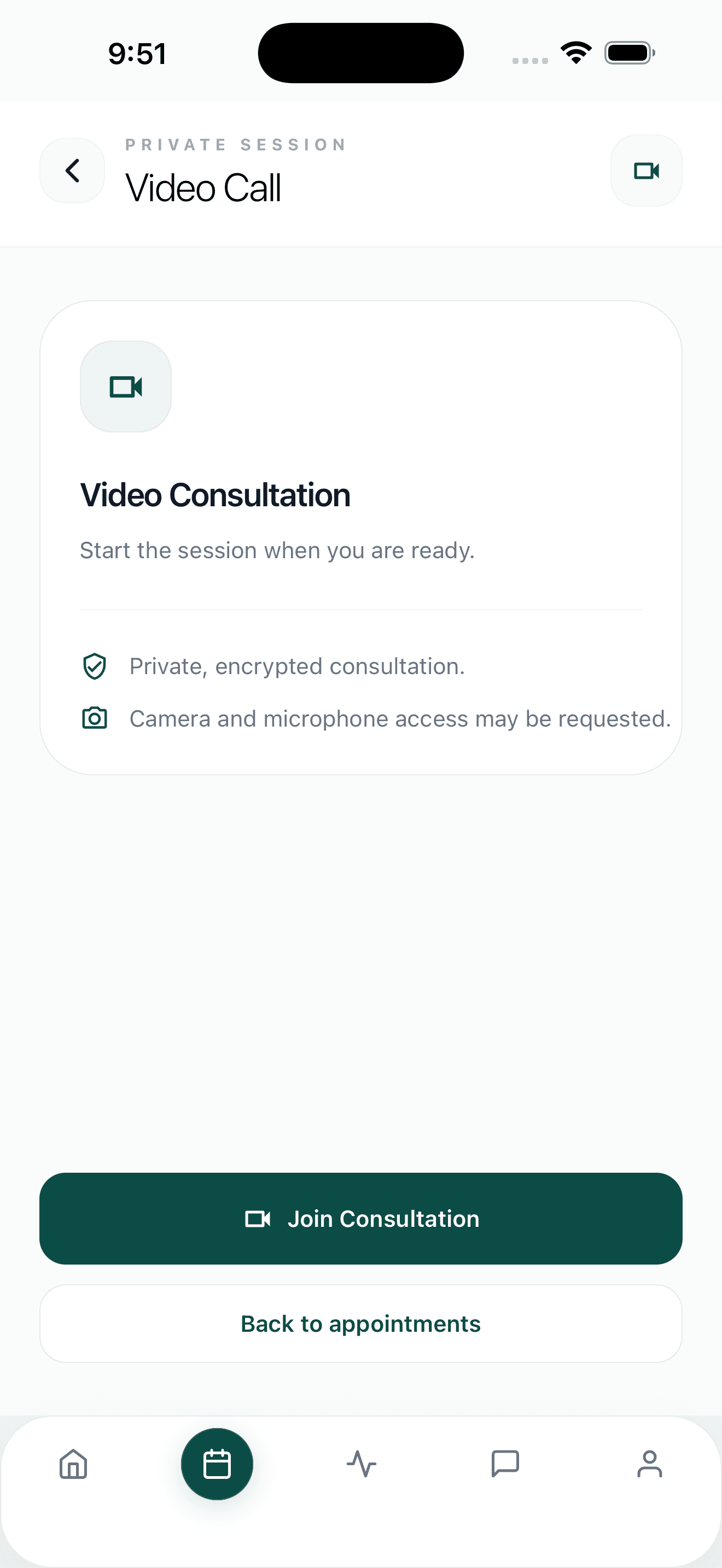 Video consultation screen between therapist and patient
